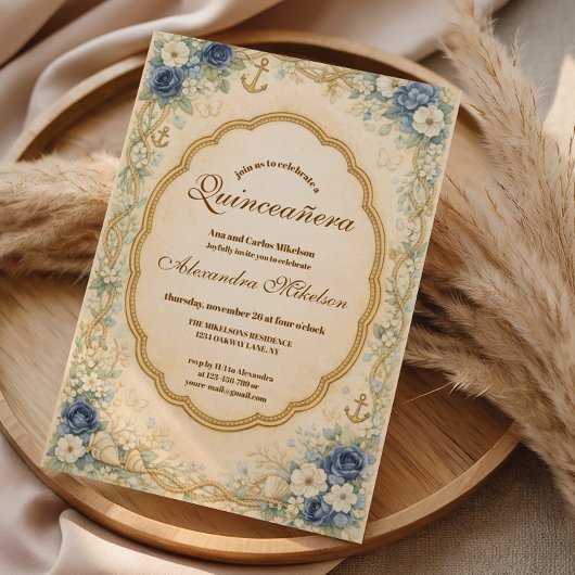 Vintage Navy Coastal Quinceañera 招待状