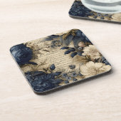 Vintage Navy & Ivory Flowers Wedding Coaster コースター (左側)