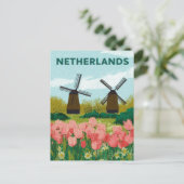 Vintage Netherlands Windmills Tulips Flower Travel ポストカード (スタンド正面)