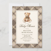 Vintage Neutral Plaid Teddy Bear Baby Shower 招待状 (正面)