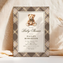 Vintage Neutral Plaid Teddy Bear Baby Shower 招待状