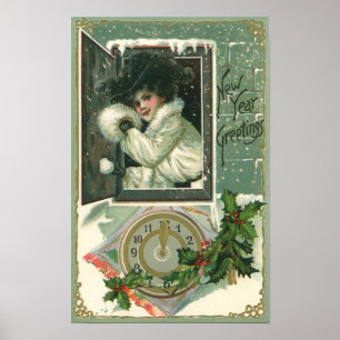 Vintage New Year Greetings, Victorian Window Girl ポスター