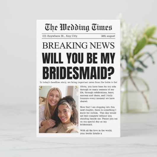 Vintage Newspaper Bridesmaid Proposal Invitation 招待状 (スタンド正面)