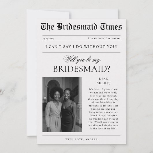 Vintage Newspaper Style Photo Bridesmaid Proposal 招待状 (正面)