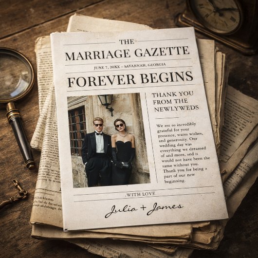 Vintage Newspaper Wedding Photo Thank You Card サンキューカード