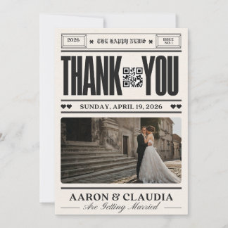 Vintage Newspaper Wedding Thank You Card with QR サンキューカード