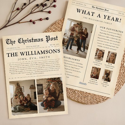 Vintage Newspaper What a Year Family Christmas シーズンカード