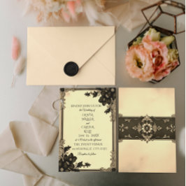 Vintage Noir Floral Scroll Wedding Invitation 招待状