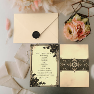 Vintage Noir Floral Scroll Wedding Invitation 招待状