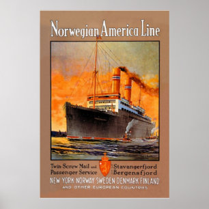 Vintage Norwegian America Line Travel ポスター