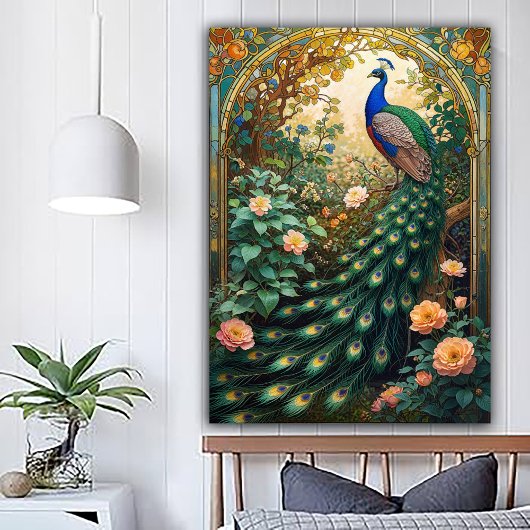 Vintage Nouveau Revival Peacock Window ポスター