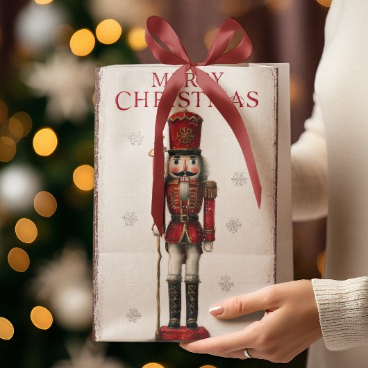 Vintage Nutcracker & Merry Christmas Text Gift Bag ミディアムペーパーバッグ