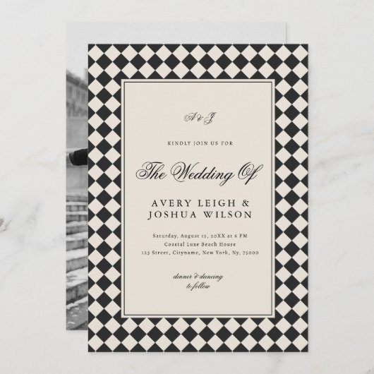Vintage Old Money Preppy Checkered Photo Wedding 招待状 (正面/裏面)
