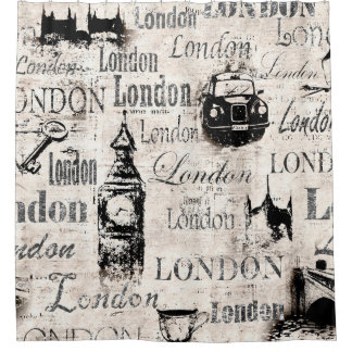 Vintage old newspaper paper London grunge collage シャワーカーテン