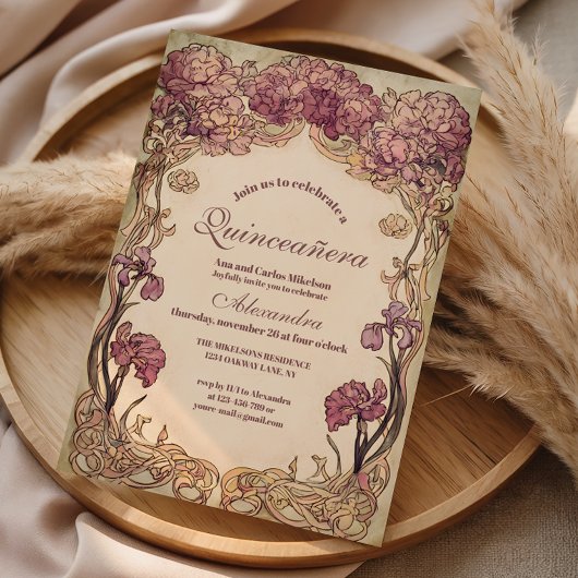 Vintage Orchid Art Nouveau Quinceañera 招待状