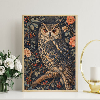 Vintage Owl Floral Art Poster | Woodland Bird ポスター