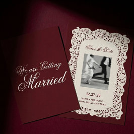 Vintage Paper Lace Burgundy Romantic Photo Wedding セーブザデート