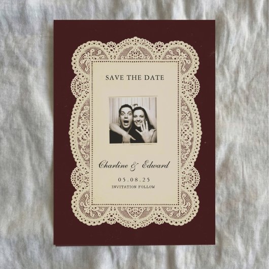 Vintage Paper Lace Burgundy Save the Date