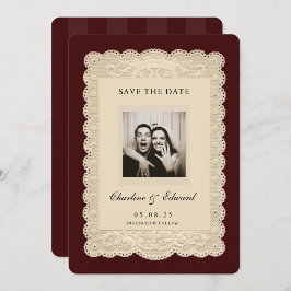 Vintage Paper Lace Burgundy Save the Date 招待状