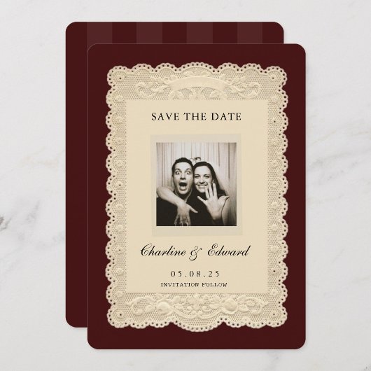 Vintage Paper Lace Burgundy Save the Date 招待状