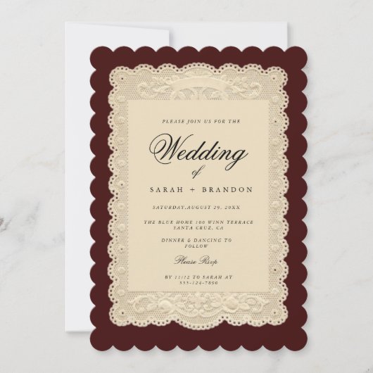Vintage Paper Lace Burgundy Wedding 招待状 (正面)