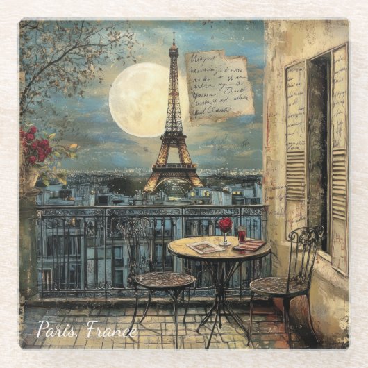 Vintage Paris Eiffel Tower Romantic Travel Art ガラスコースター (正面)