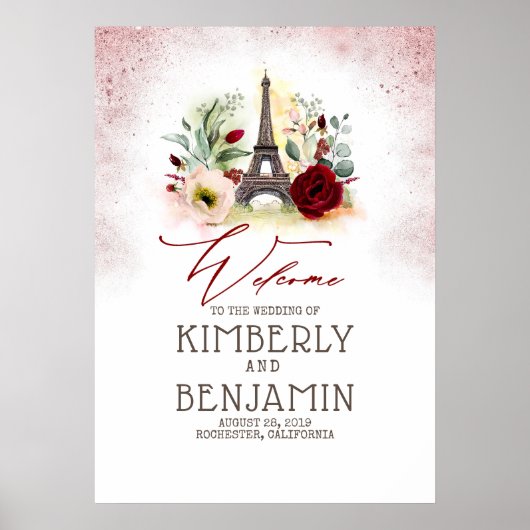 Vintage Paris Eiffel Tower Wedding Welcome Sign ポスター (正面)