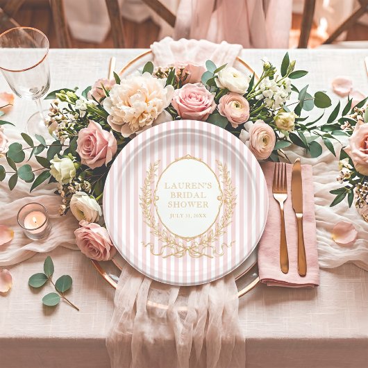 Vintage Paris Glam | Pink Stripe Bridal Shower ペーパープレート
