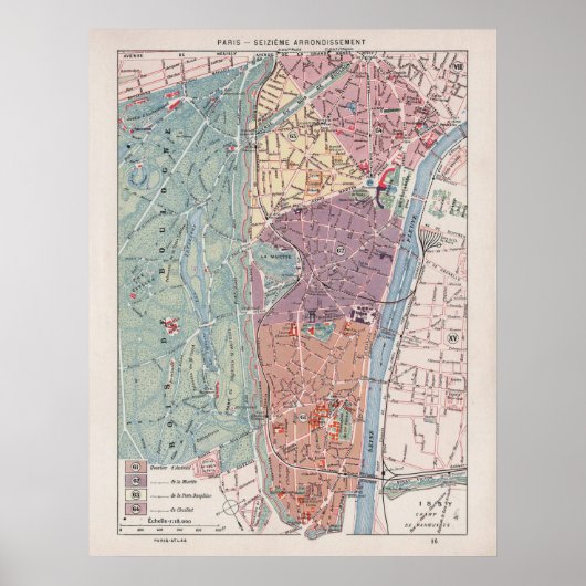 Vintage Paris Map, 1900 - 16th Arrondissement ポスター (正面)