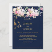 Vintage pastel flowers gold navy blue Wedding 招待状 (正面)