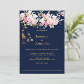 Vintage pastel flowers gold navy blue Wedding 招待状 (スタンド正面)
