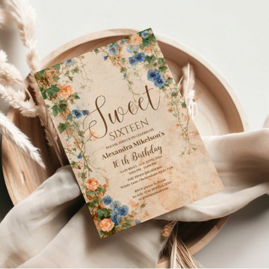 Vintage Pastel Wildflower Sweet Sixteen 招待状