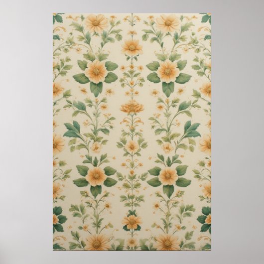 Vintage Pastel Yellow Floral Pattern ポスター (正面)