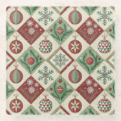 Vintage Patchwork Quilted Christmas Pattern ガラスコースター (正面)