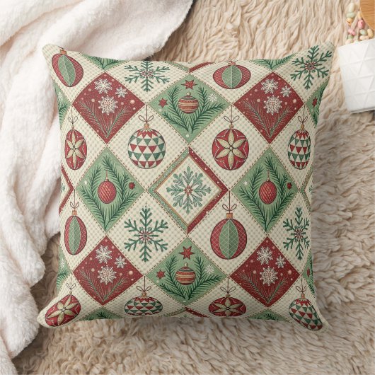 Vintage Patchwork Quilted Christmas Pattern クッション (ブランケット)