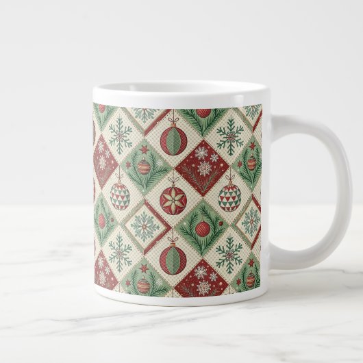 Vintage Patchwork Quilted Christmas Pattern ジャンボコーヒーマグカップ (右)