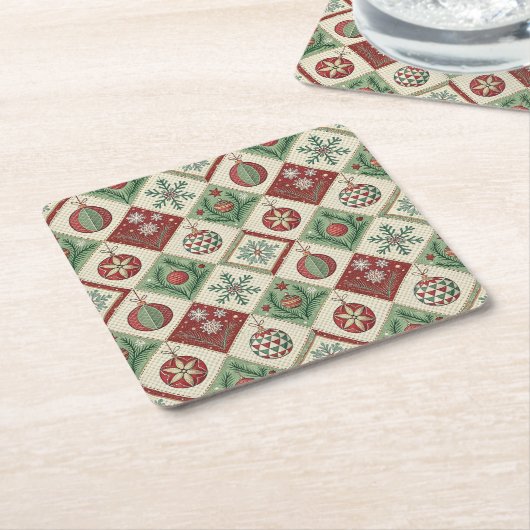 Vintage Patchwork Quilted Christmas Pattern スクエアペーパーコースター (アングル)