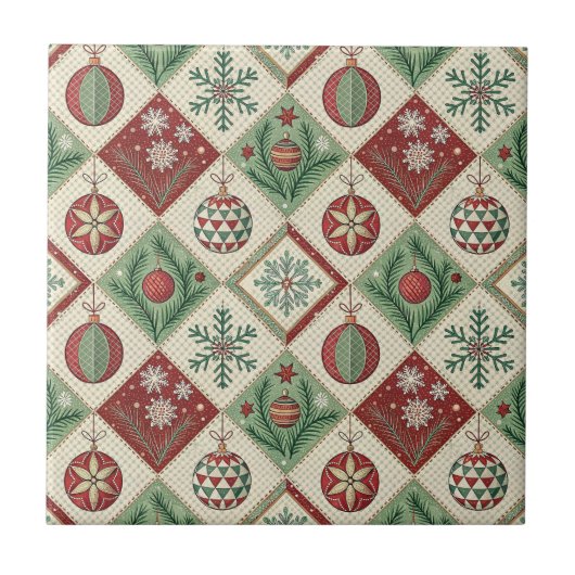 Vintage Patchwork Quilted Christmas Pattern タイル (正面)