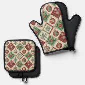 Vintage Patchwork Quilted Christmas Pattern 鍋つかみ&鍋敷きセット (正面/裏面)