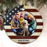 Vintage Patriotic American Flag Custom 2 Photo セラミックオーナメント<br><div class="desc">Vintage American Flag Christmas Ornament. This patriotic stars and stripes usa flag christmas ornament will be a treasured keepsake. Ornament is double sided, you can do 2 favorite photos, one on each side. Perfect for military, soldier Christmas ornament, military veteran, patriotic family. Personalize name on the front, and date on...</div>