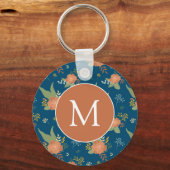 Vintage Peach Flower Pattern Dark Blue Monogram キーホルダー (正面)