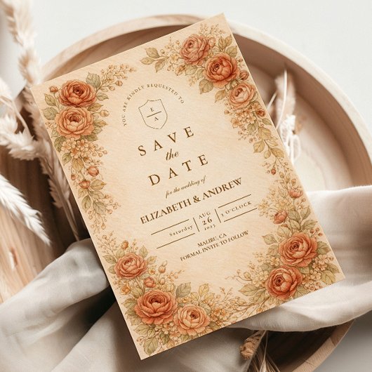 Vintage Peach Rose Floral Wedding セーブザデート