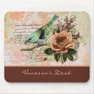 Vintage Peach Rose Handwriting and Bird on Rust  マウスパッド