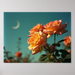 Vintage Peach Roses Under Blue Crescent Moon Sky ポスター