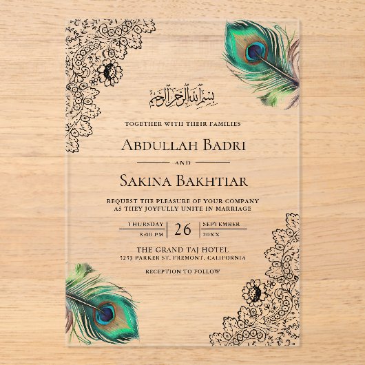 Vintage Peacock Feathers Muslim Wedding アクリル招待状 (正面)