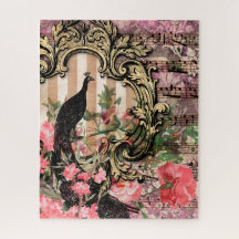 Vintage peacock floral musical note pink and gold