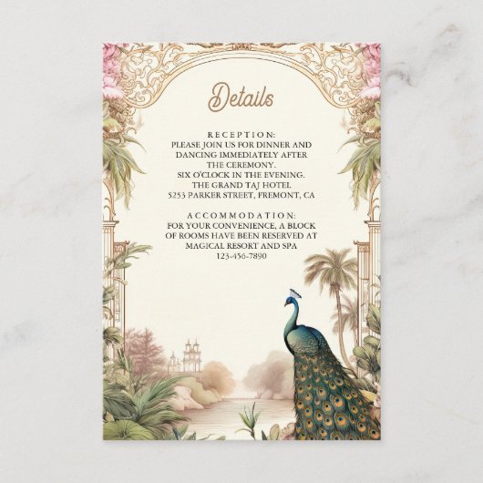 Vintage Peacock Garden Indian Wedding Details エンクロージャーカード (正面)