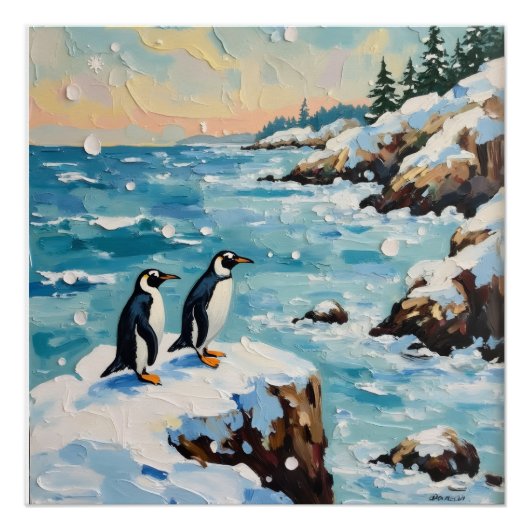 Vintage Penguins on Snowy Coastal Christmas Cliff ポスター (正面)