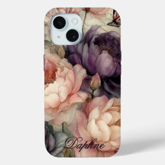 Vintage Peonies in Pink and Purple Personalized iPhone 15ケース