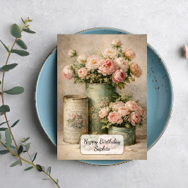 Vintage Peony Bouquet in Antique Tins カード